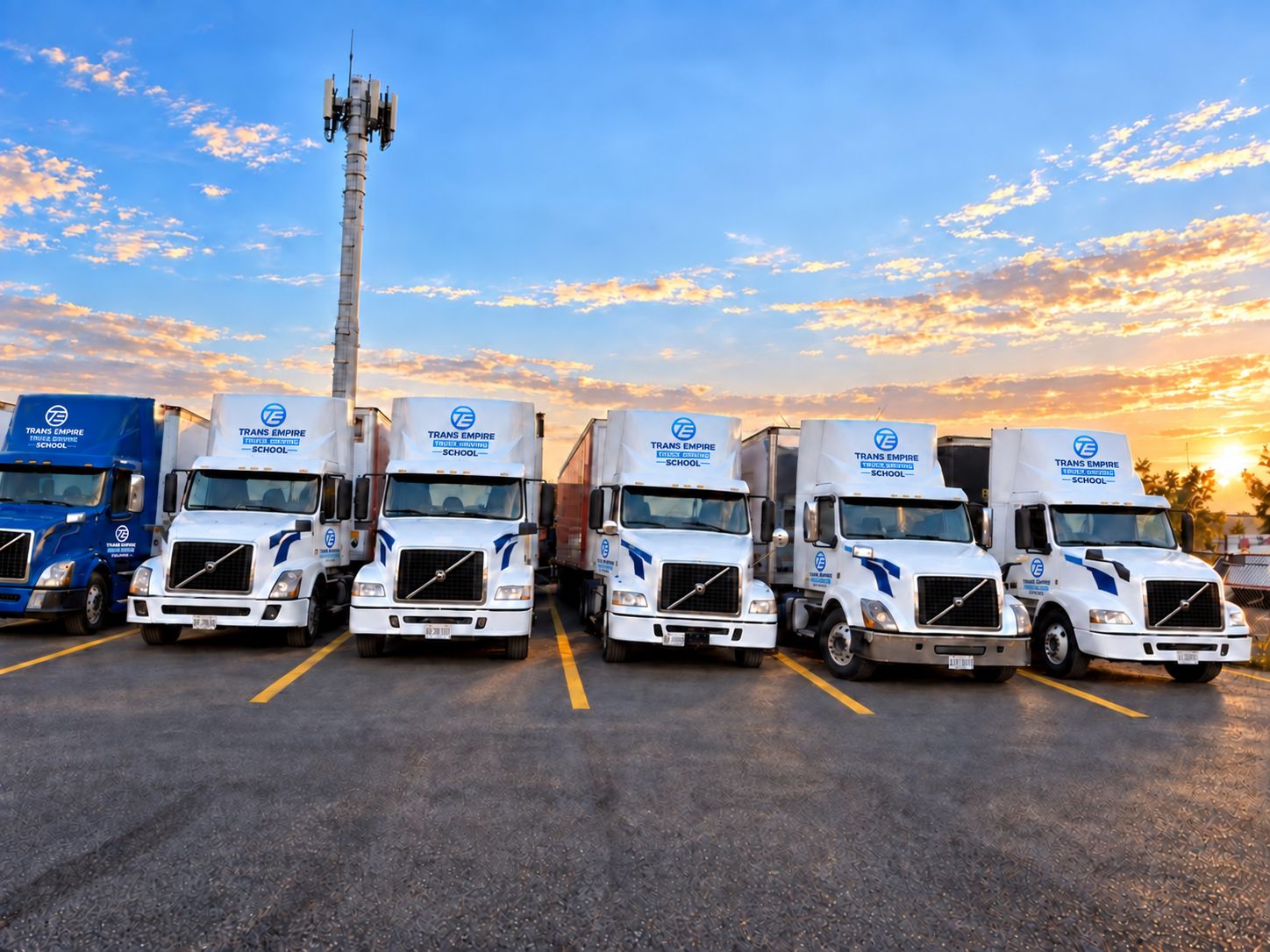 Trans Empire Truck Driving School training trucks lined up in the yard